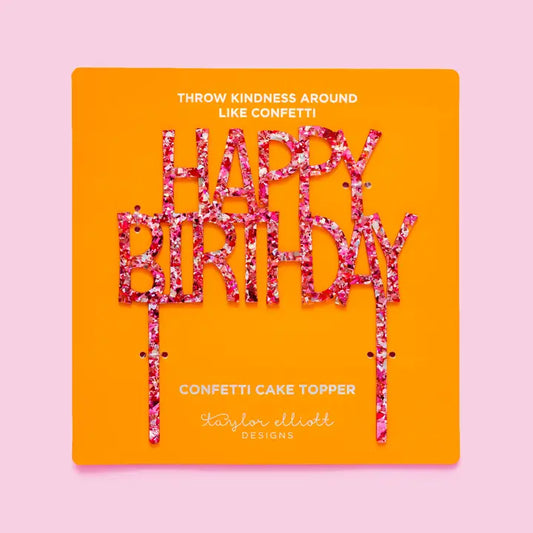 Cake Topper - "Happy Birthday" - Pink Confetti