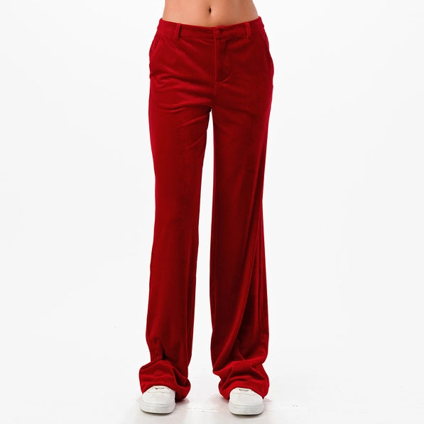 VELVET STRAIGHT LEG PANTS -RED