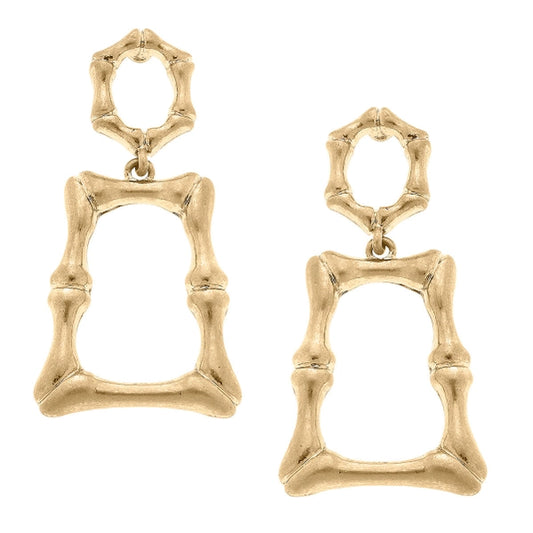 Angela Bamboo Square Drop Statement Earrings in Worn Gold