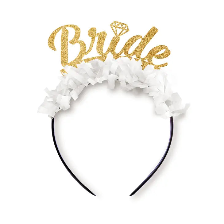 Festive Gal - The Original Bride Bachelorette Party Headband Crown - Gold words/white fringe