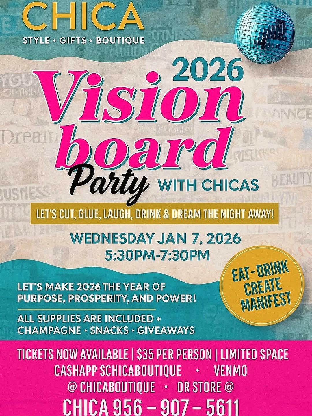 Flyer for CHICA's January 2026 Vision Board Party that sold out
