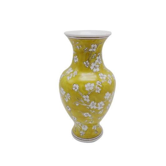 14" Yellow & White Chinoiserie Vase